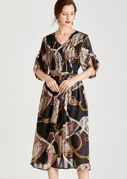 Modern Chains Black Tie Waist a Line Fall Chiffon Half Sleeve Vacation Dress