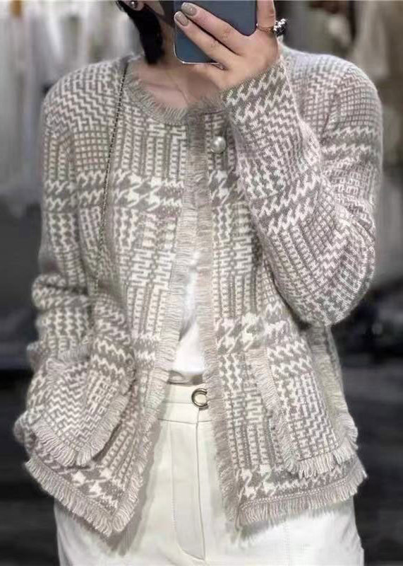 French Light Camel O-neck Tassel Woolen Cardigan Fall