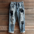 Comstylish Women's Halloween Black Cats And Spiders Embroidery Vintage Washed Jeans
