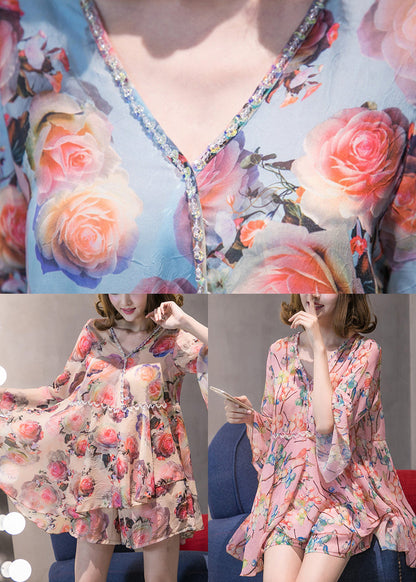 Fitted Sky Blue Ruffled Chiffon Top Hot Pants Two Piece Set Flare Sleeve