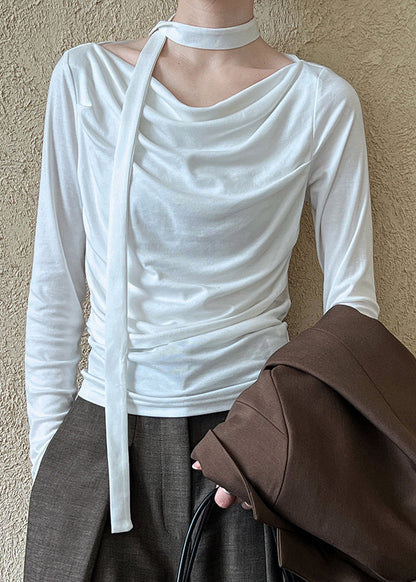 White Fitted Cotton T Shirts Top Wrinkled Long Sleeve