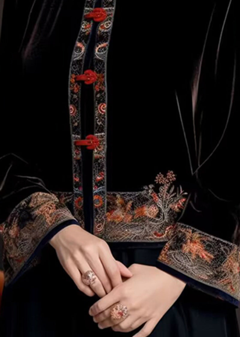 Classy Black Stand Collar Embroideried Silk Velour Coats Fall