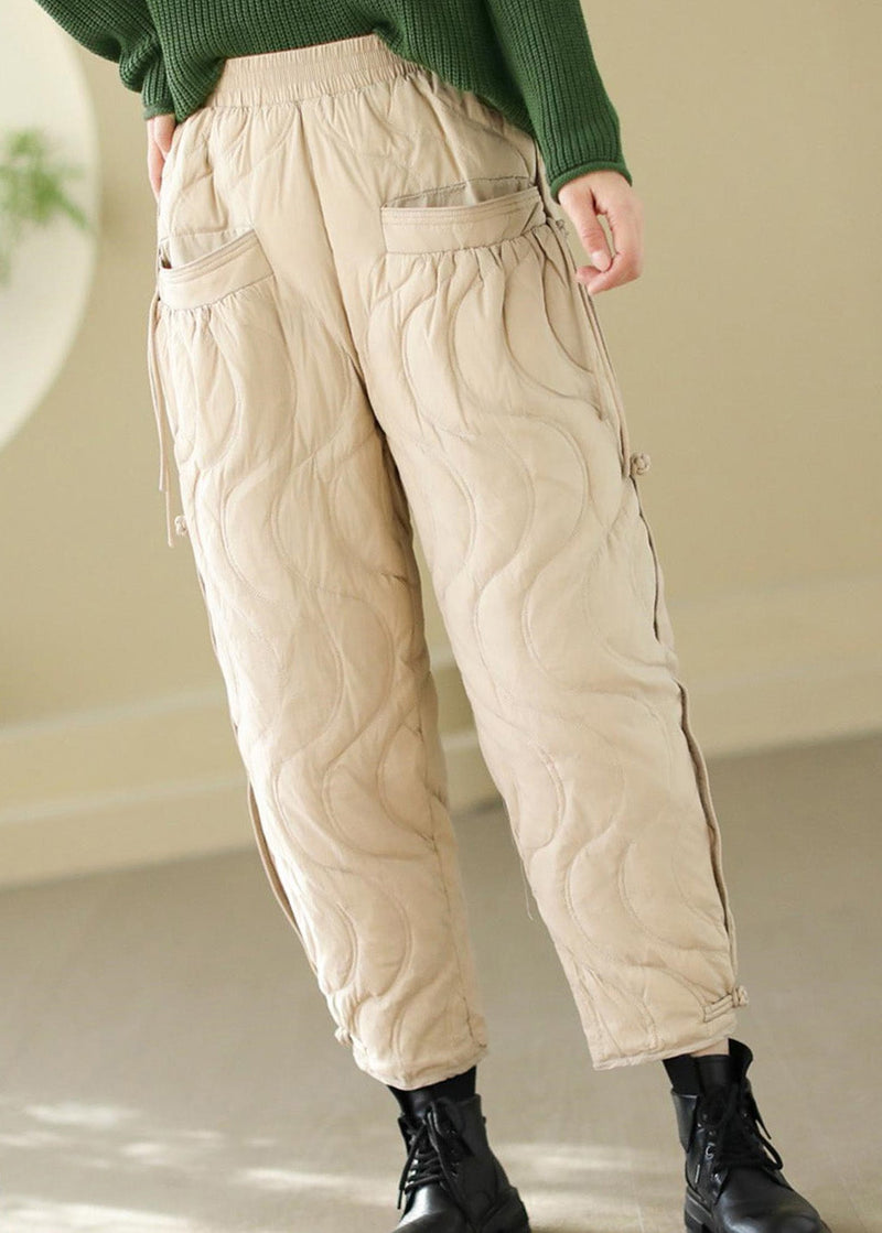 Loose Black Pockets Elastic Waist Thick Warm Pants Winter