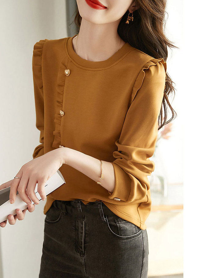 Loose Caramel O-neck Ruffled Button Cotton Sweatshirts Top Spring