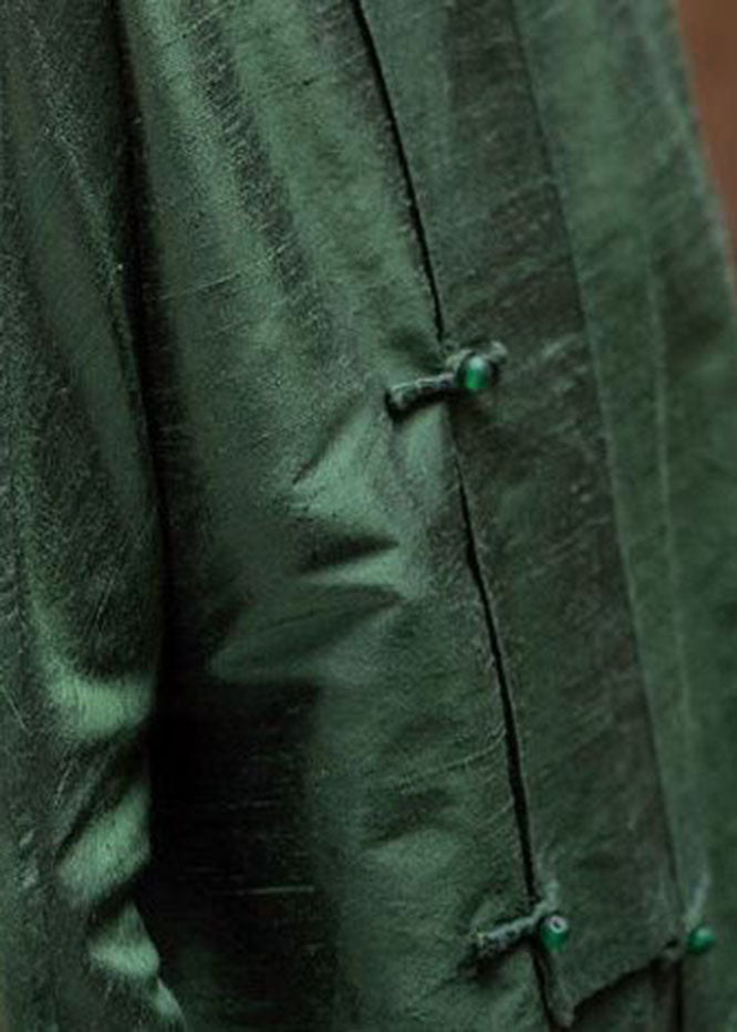 Chinese Style Green Stand Collar Button Tops Long Sleeve