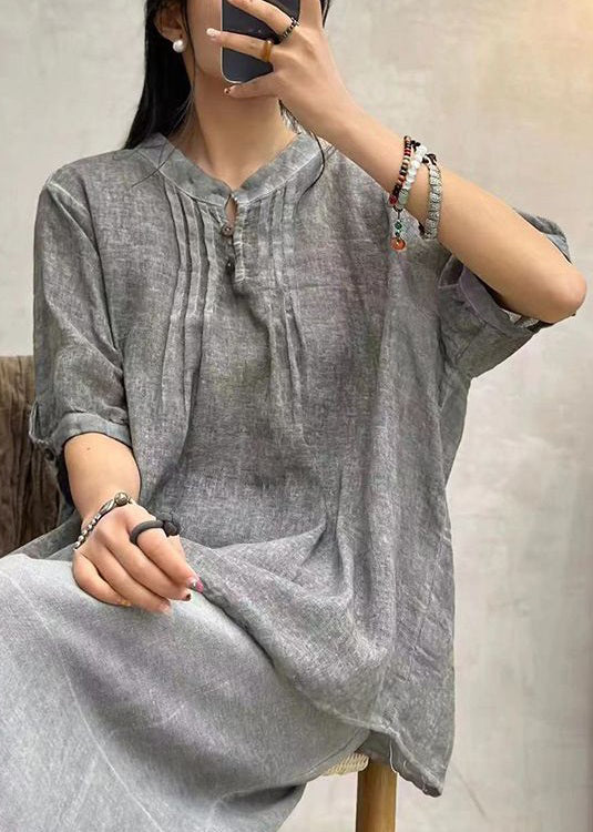 Grey Button Cotton Shirts Stand Collar Half Sleeve