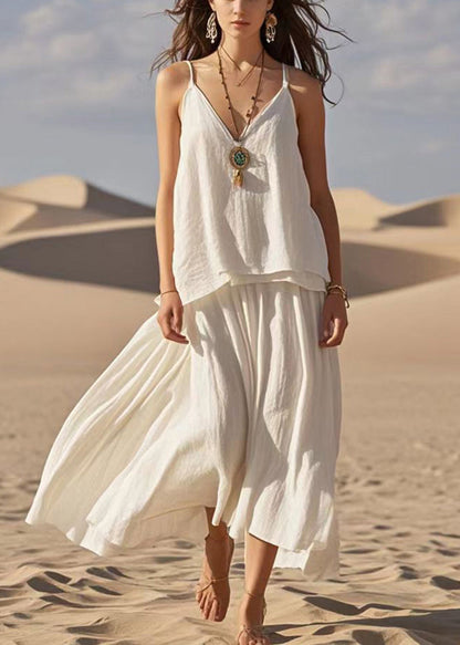 White V Neck Patchwork Cotton Spaghetti Strap Dress Summer