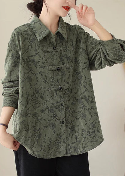 Green Peter Pan Collar Chinese Button Cotton Shirt Tops Fall