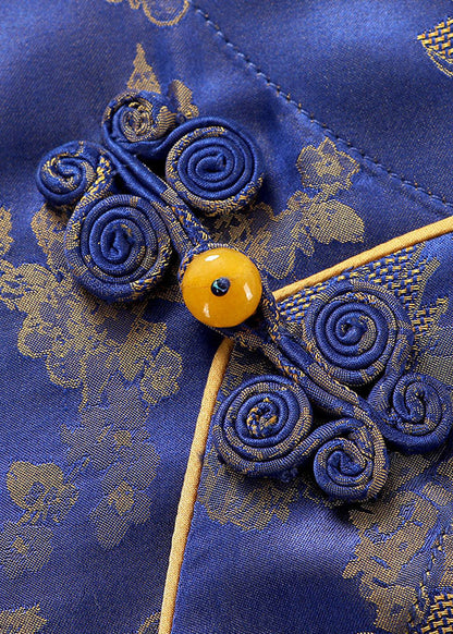 Jacquard Blue O-neck Button Tie Waist Silk Shirts Half Sleeve