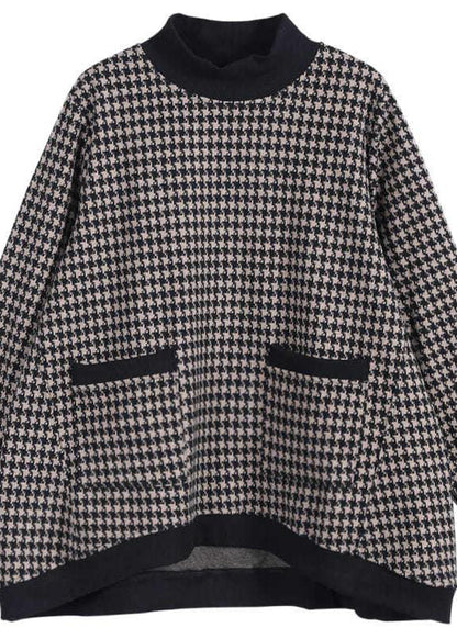 White Plaid Turtleneck Pockets Patchwork Top Long Sleeve