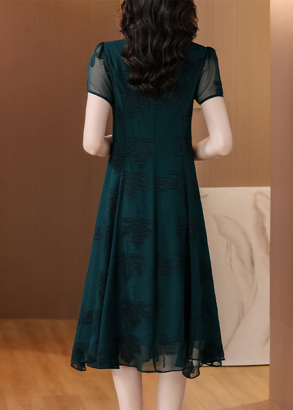 Blackish Green V Neck Embroidered Chiffon Long Dress Summer