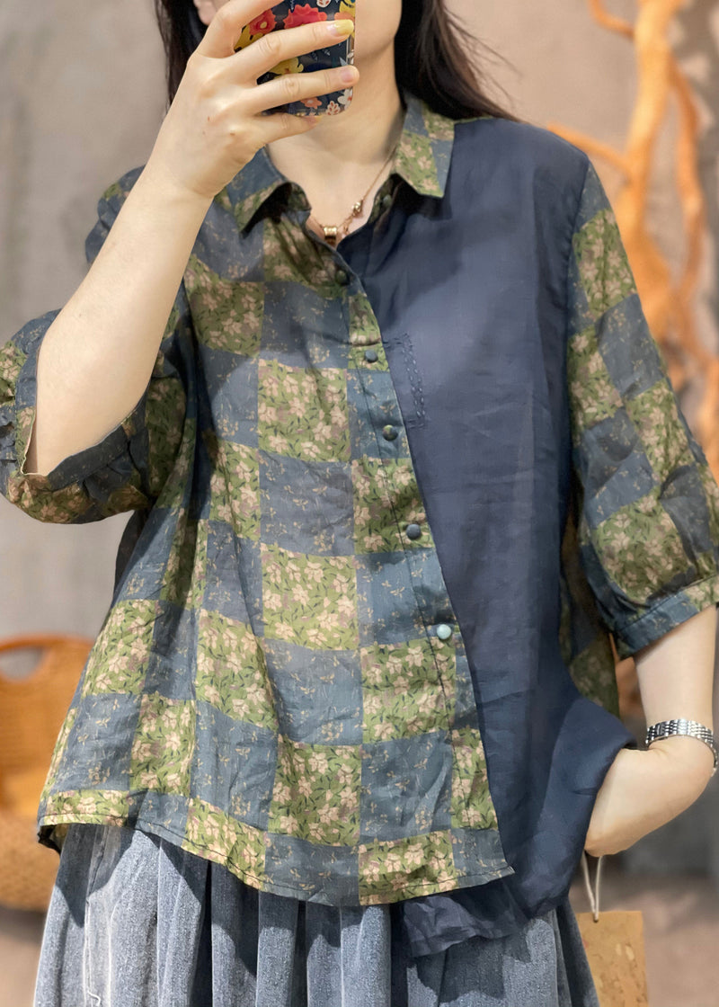 Navy Peter Pan Collar Print Patchwork Cotton Shirt Fall