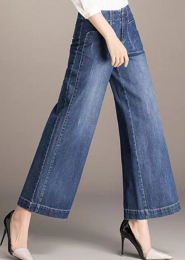 Denim Blue High Waist Pockets Draping Cotton Straight Pants Summer