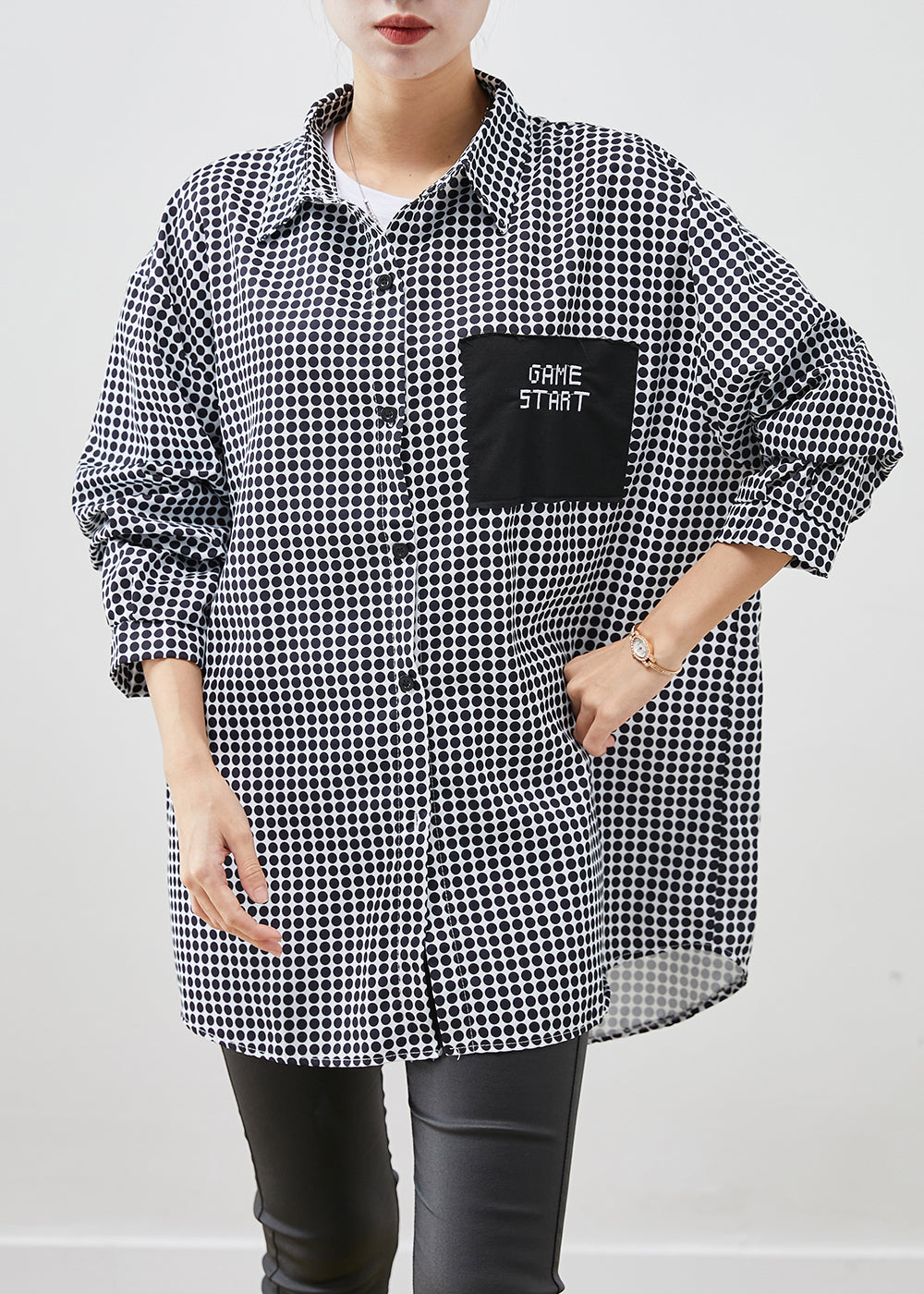 Black Oversized Plaid Spandex Blouse Top Fall