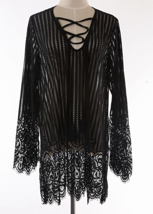 Black Tying Rope Mid Dress Summer Lace Dress