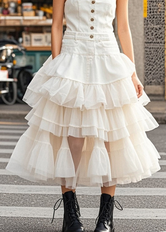 White Layered Tulle Patchwork Denim Dress Summer (ships in 15 Days)