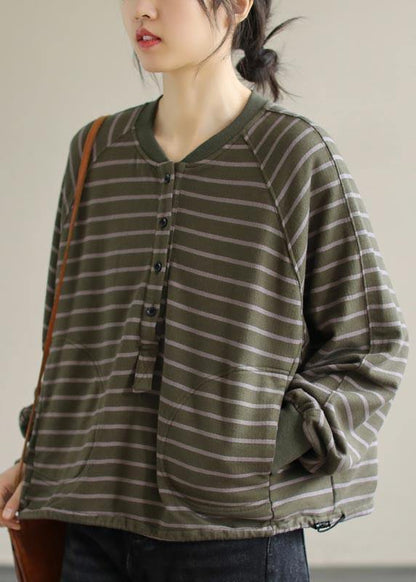Green Striped Tops Blouses O Neck Clothing Spring Shirt