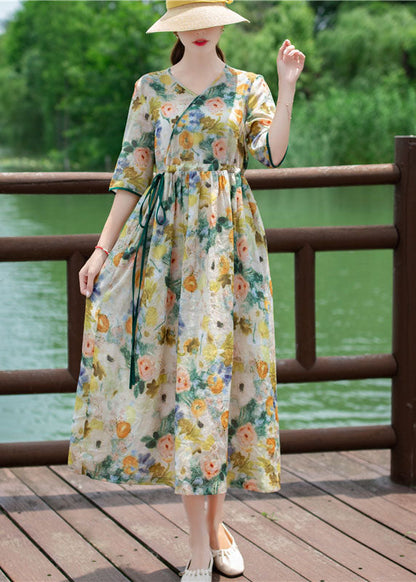 V Neck Drawstring Patchwork Linen Dress Summer