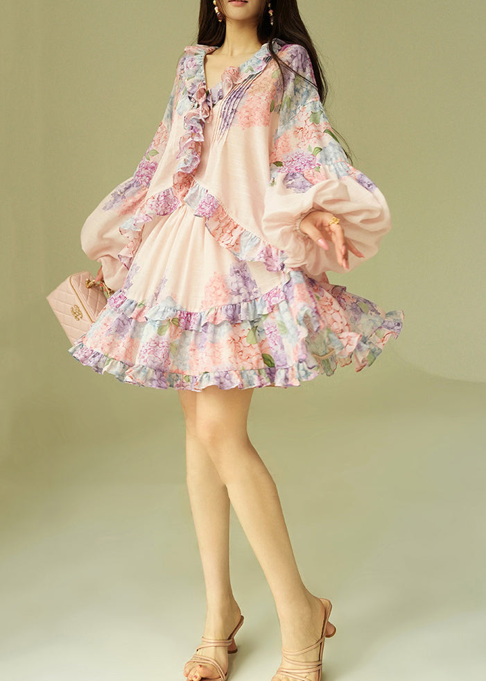 Loose Pink Ruffled Print Shirts and Skirts Cotton Two Piece Set Puff Sleeve