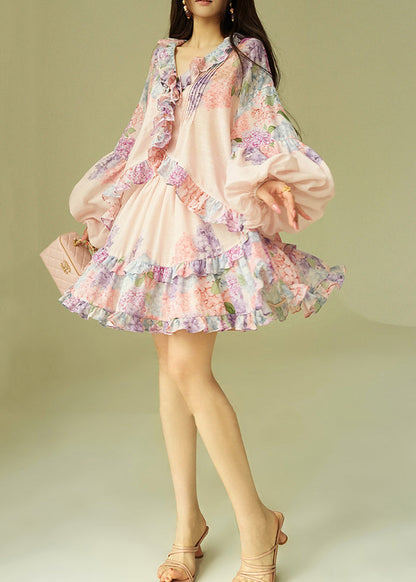 Loose Pink Ruffled Print Shirts and Skirts Cotton Two Piece Set Puff Sleeve