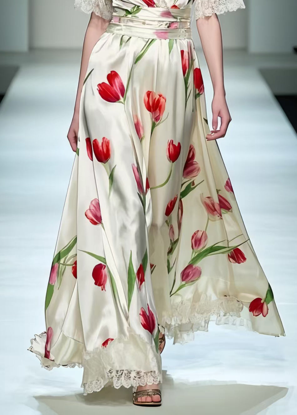 White Print Patchwork Lace Long Dress Summer