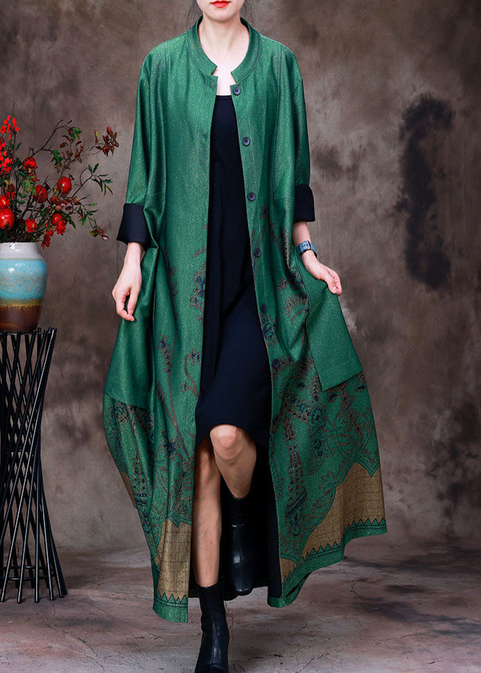 Green Stand Collar Pockets Print Silk Trench Coats Long Sleeve