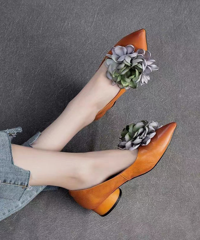 Retro Camel Pointed Toe Cowhide Leather Flats Shoes