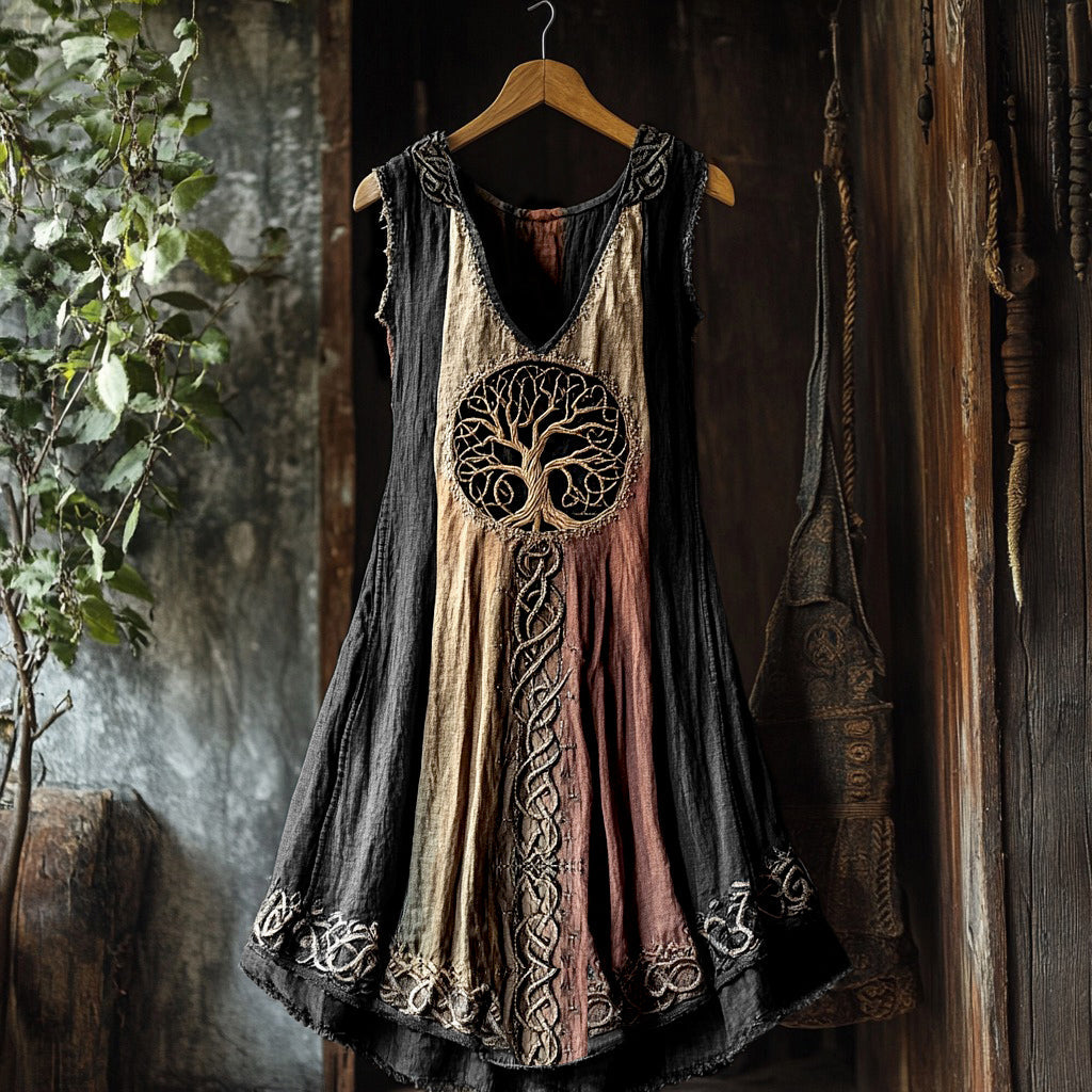 Tribal Viking Colorful Gradient Tree Of Life Lace Art Linen Tank Dress artswardrobe