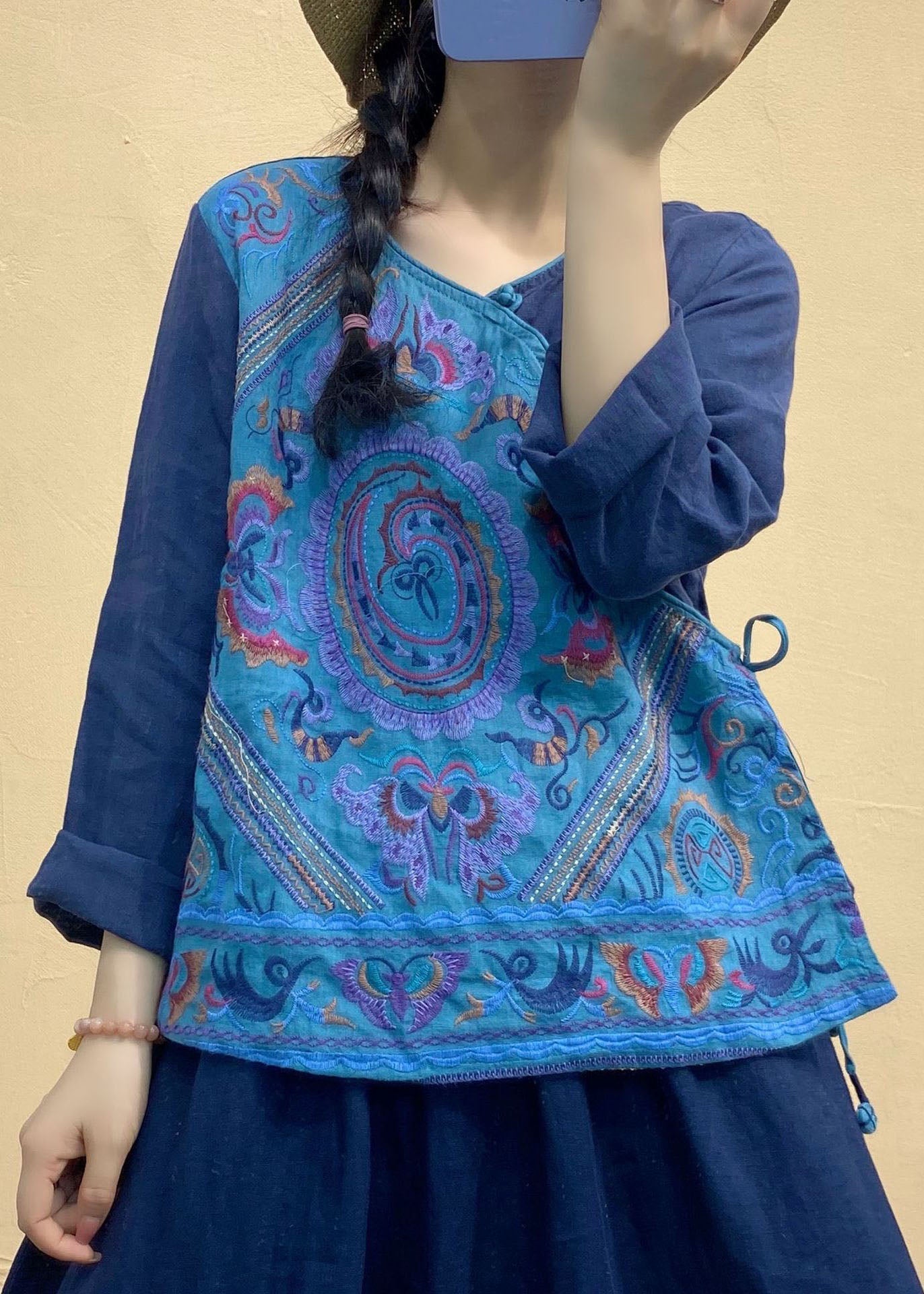 Blue V Neck Patchwork Linen Tops Long Sleeve