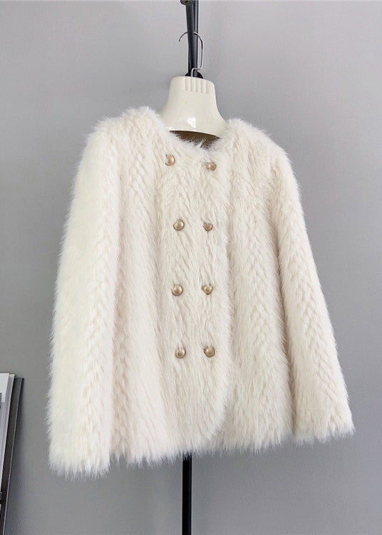 Beige O Neck Double Breast Mink Cashmere Coats Winter