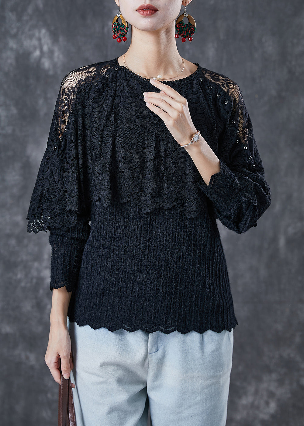 Black Hollow Out Patchwork Lace Tops Spring