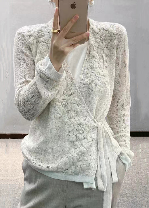 White Lace Up Hollow Out Patchwork Knit Top Fall