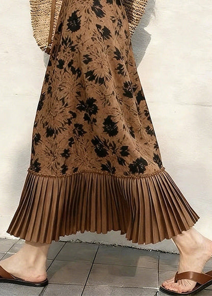 Coffee Print Pleated Patchwork Skirts Spring