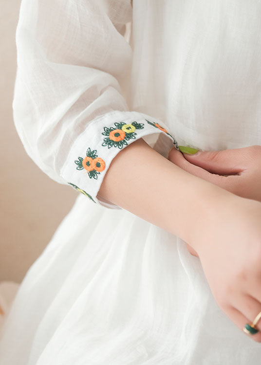 White V Neck Embroideried Linen Dress Two Piece Set Clothing Summer