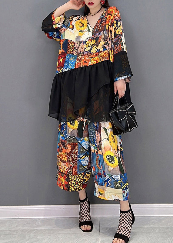 Modern V Neck Print Tulle Patchwork Chiffon Tops and Wide Leg Pants Two Pieces Set Spring