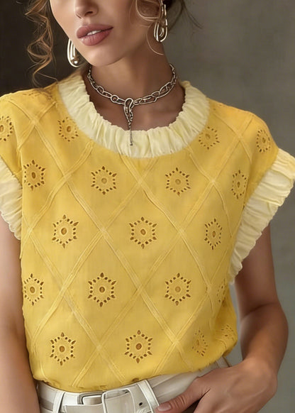 Yellow Patchwork Hollow Out T Shirt Summer