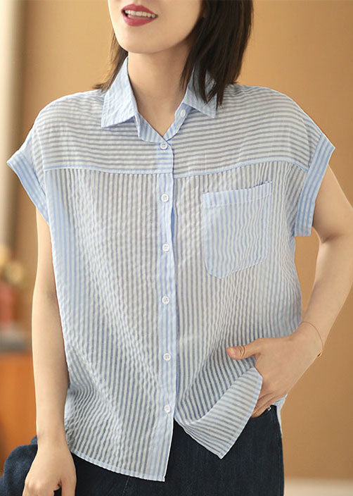 Light Blue Peter Pan Collar Striped Pocket Silk Shirts Short Sleeve