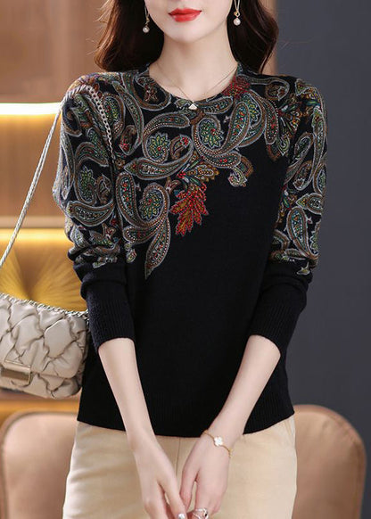 Black O Neck Zircon Patchwork Wool Sweaters Long Sleeve