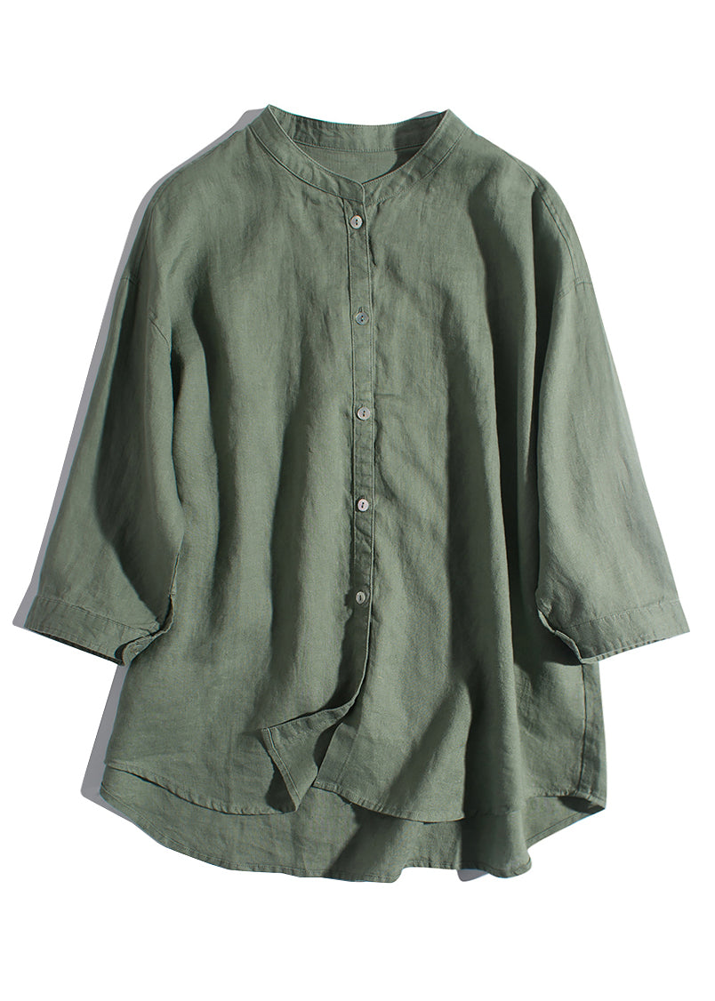 New Green Button Pockets Linen Shirts Summer