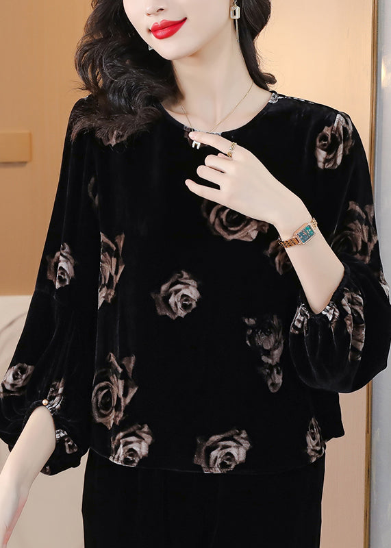 Black O Neck Print Velour Tops Lantern Sleeve