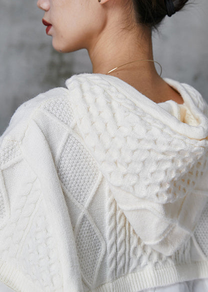 White Hooded Patchwork Knit Sweatshirt Spring