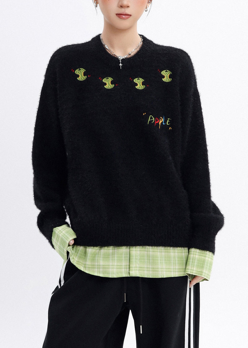 Diy Black Oversized Apple Embroidered Knit Fake Two Piece Pullover Winter