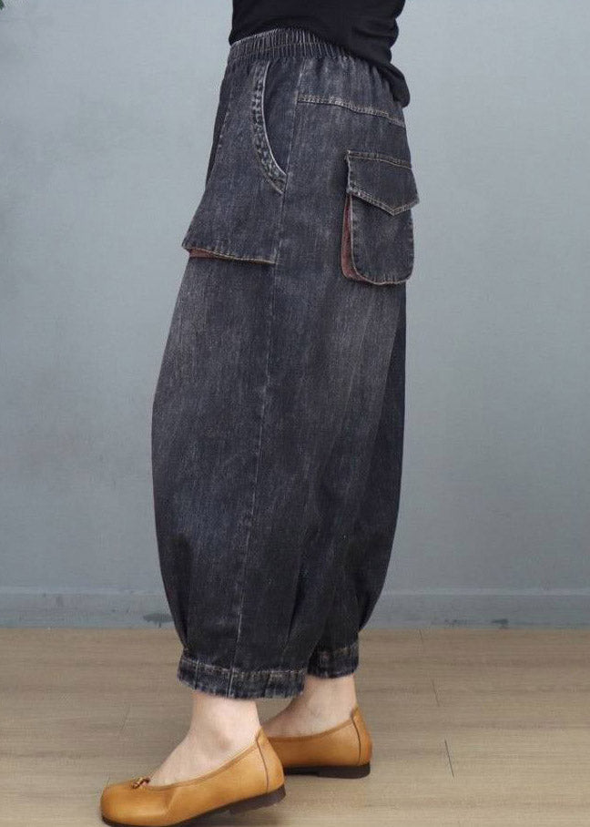 Black Elastic Waist Crop Wide Leg Jeans