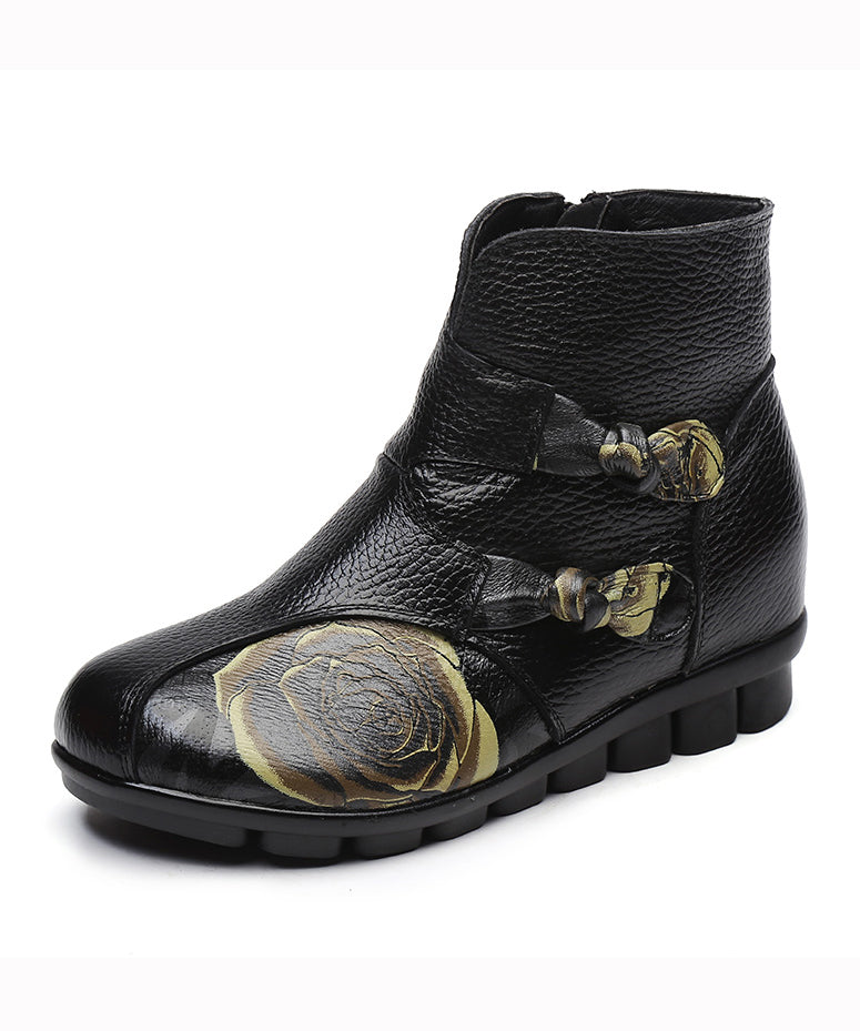 Black Cowhide Leather Boots Handmade Splicing Embossed