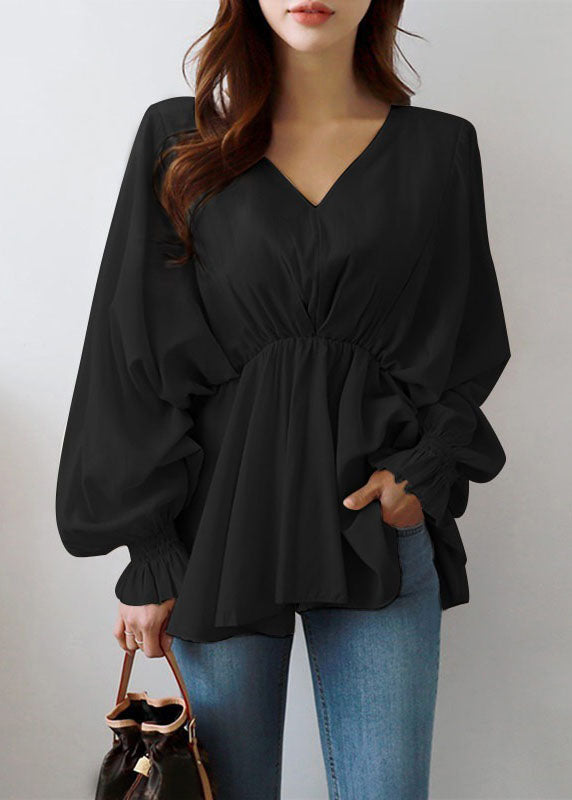 Black V Neck Wrinkled Patchwork Cotton Shirts Tops Lantern Sleeve