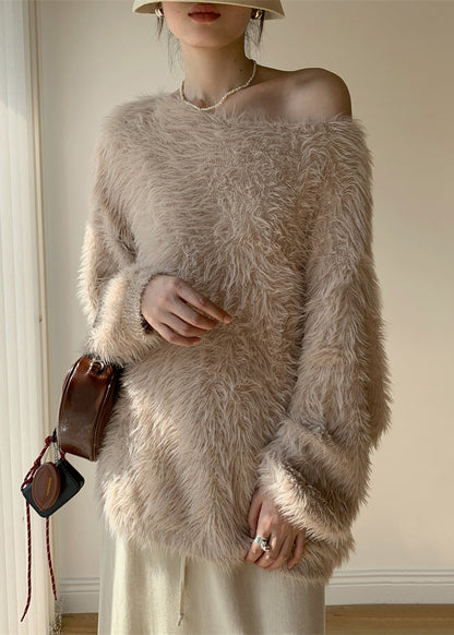 Khaki Cozy Loose Mink Velvet Winter Sweaters O-neck