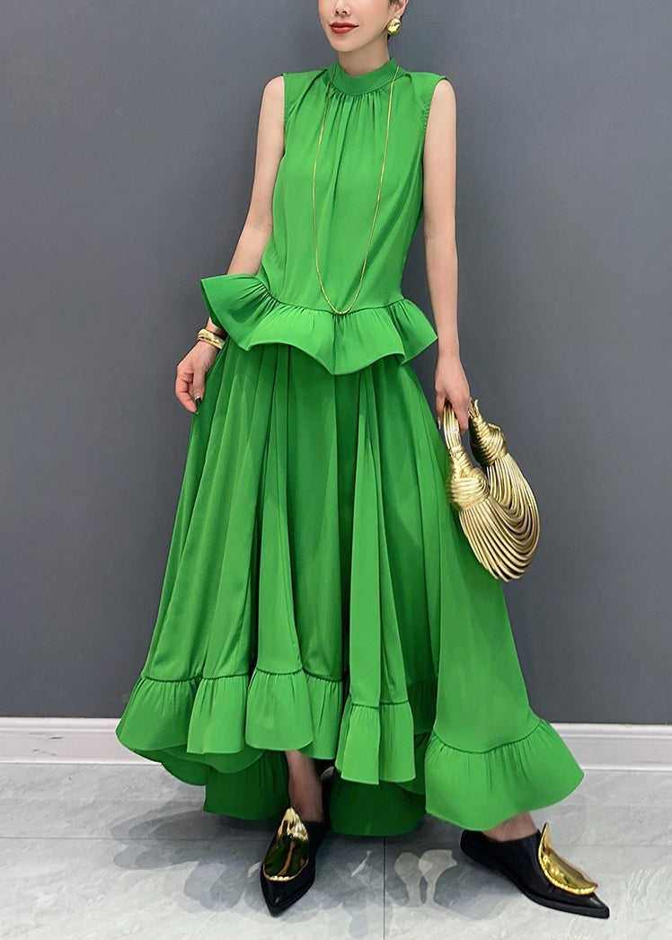 Organic Green O-neck Ruffled Top and Maxi Skirts Two Piece Set Sleeveless
