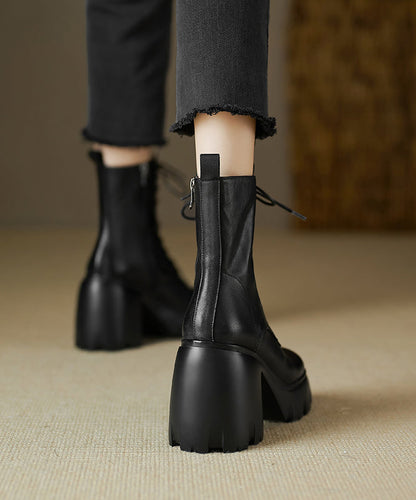Black Cross Strap Splicing Cowhide Leather Chunky Boots