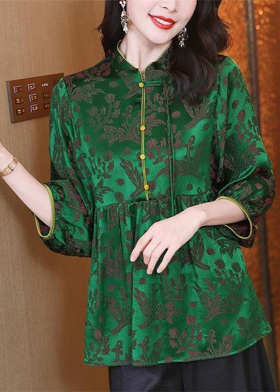 Green Stand Collar Wrinkled Jacquard Silk Shirt Tops Bracelet Sleeve