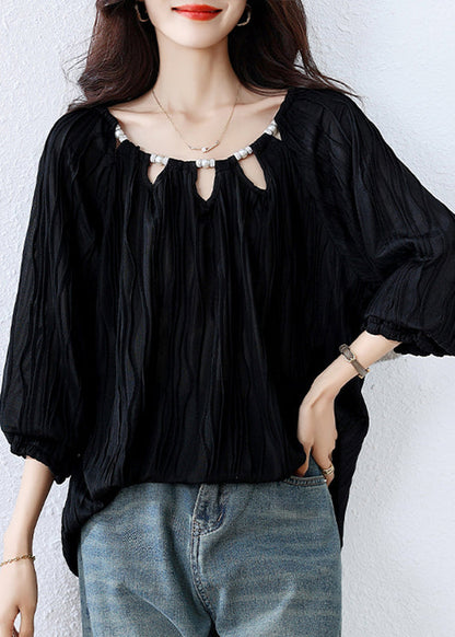 Fine Black O-neck Nail Bead Cotton Loose Shirts Fall